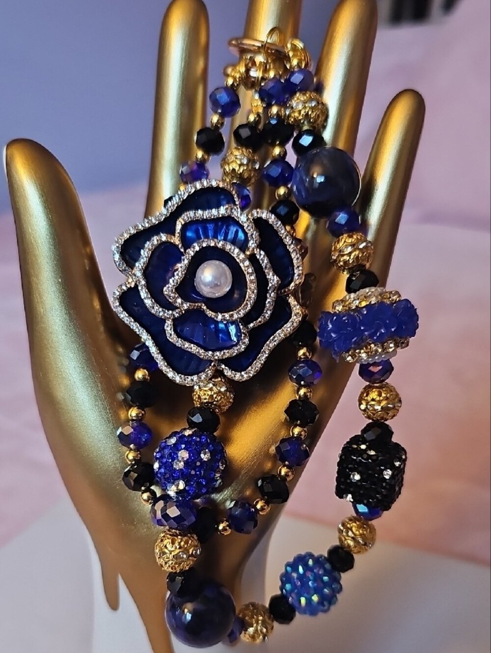CHARMS: Elegant Blue Flower Pendant Charm with Pearl Accent - Picture 2 of 4